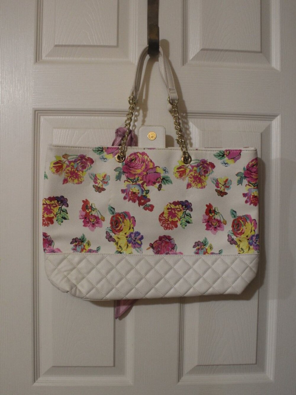 Betsey Johnson Ivory Floral Quilted Tote with Gold Chain Handles - Picture 2 of 5